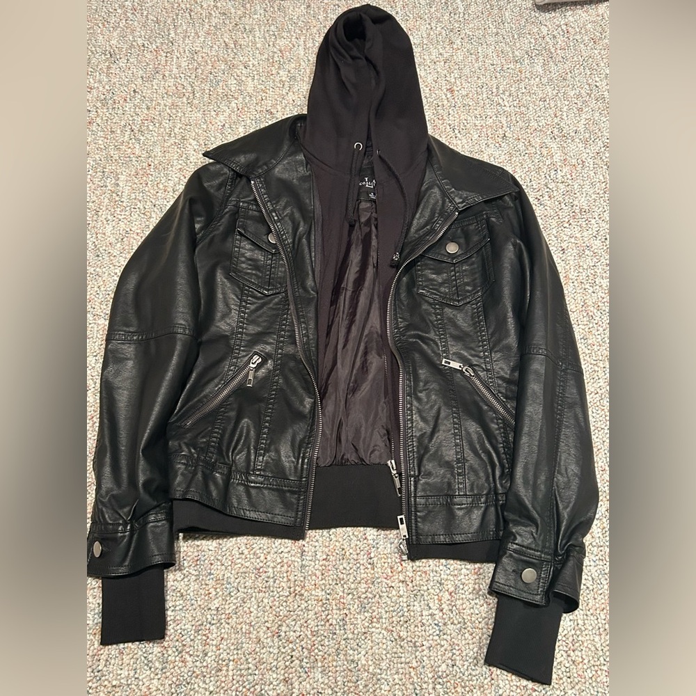 Classic Black Leather Jacket with Hoodie